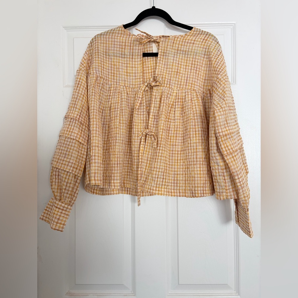 Light Yellow Plaid Tie-Front Blouse